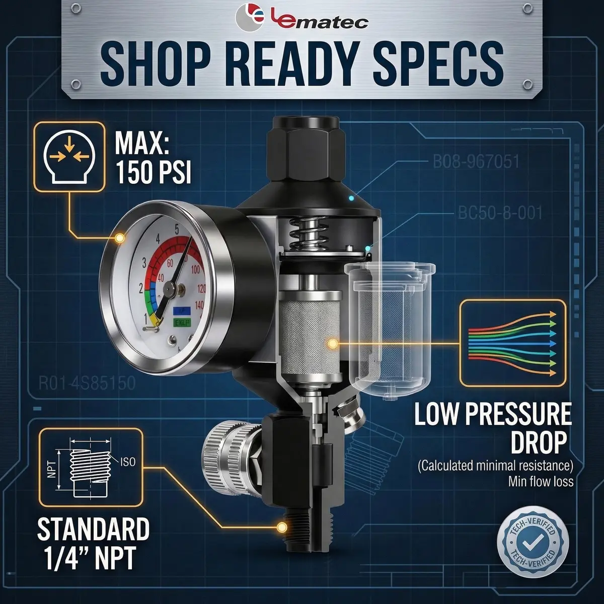 LE LEMATEC AI303-R1 Paint Sprayer Regulator with Gauge & Water Separator | Professional Air Control for Flawless Finishes - view 6