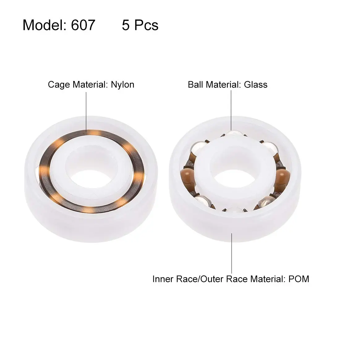 uxcell 607 Plastic Bearings 7mmx19mmx6mm | Glass Ball Nylon Cage for High-Speed Industrial Use - view 2