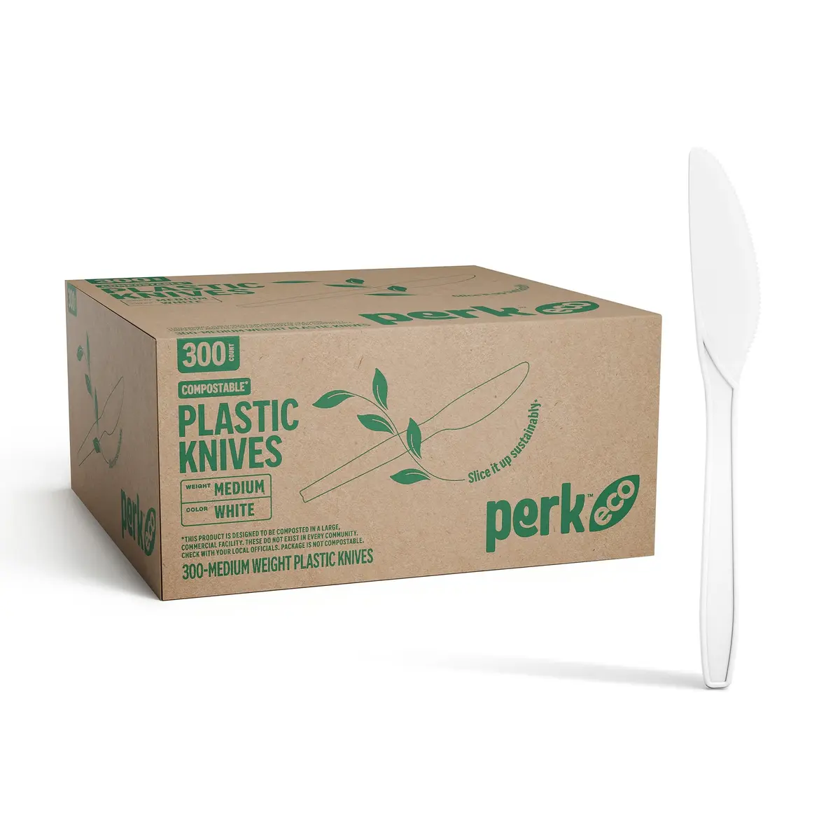 Perk Eco Compostable Knives 300 Count White | Industrial-Grade, Mediumweight, Eco-Friendly - main product image
