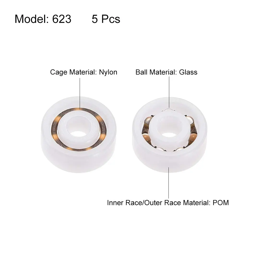 uxcell 623 Plastic Bearings 3x10x4mm Glass Ball Nylon Cage | Deep-Groove, High-Speed, Open-Type - view 2