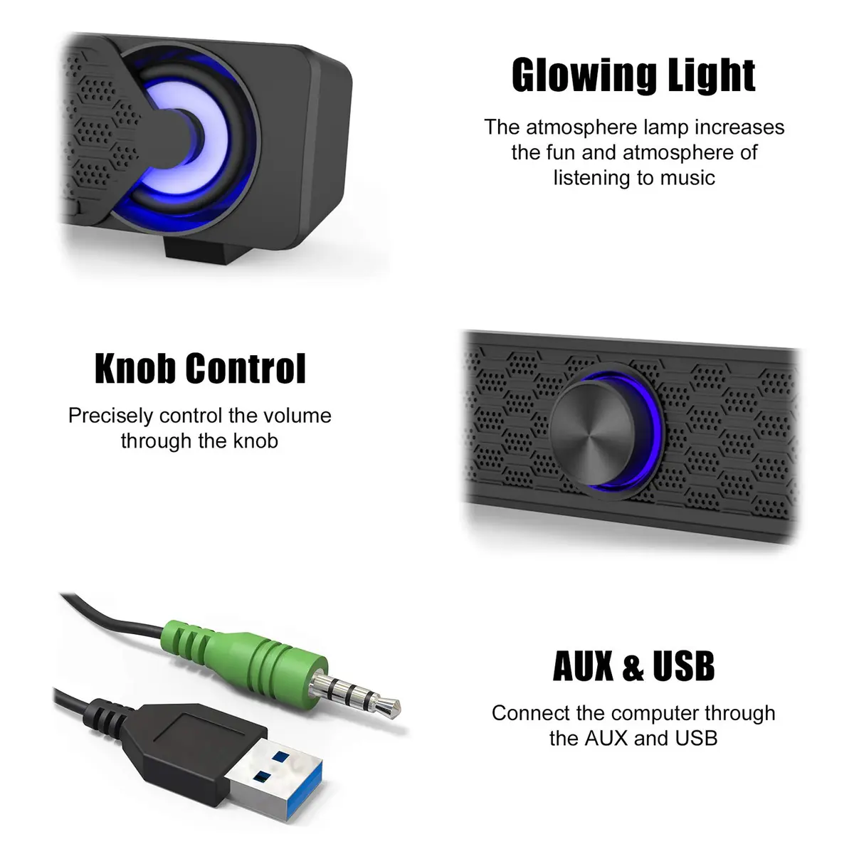 Smalody Mini Soundbar Computer Speakers | USB Powered Wired PC Speakers with Blue LED Lights - view 6
