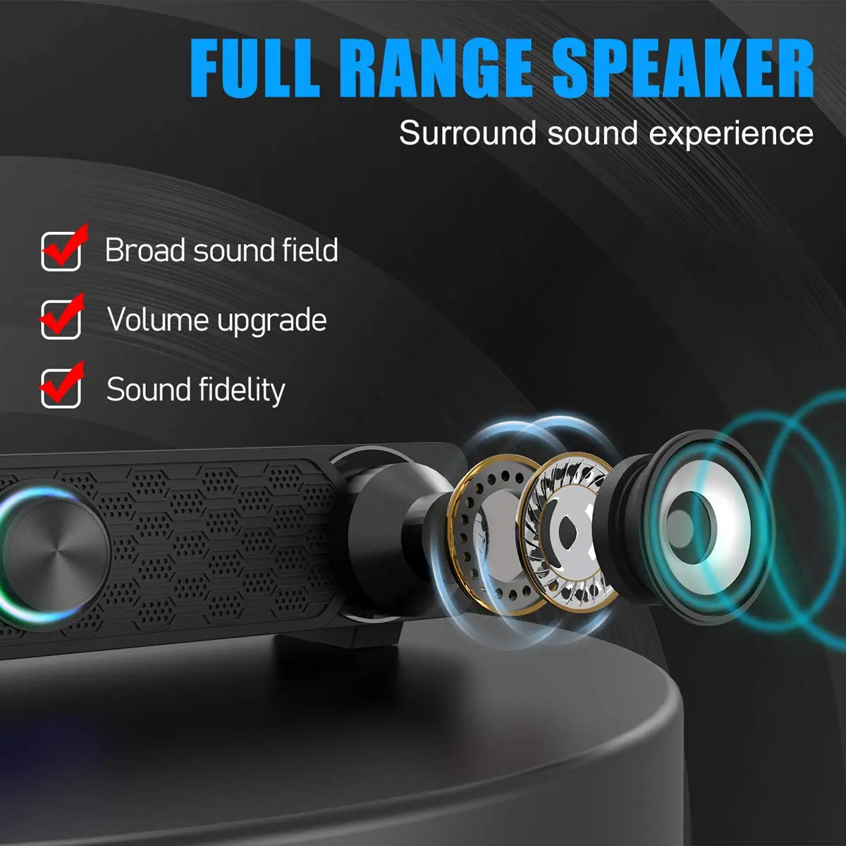 Smalody Mini Soundbar Computer Speakers | USB Powered Wired PC Speakers with Blue LED Lights - view 2