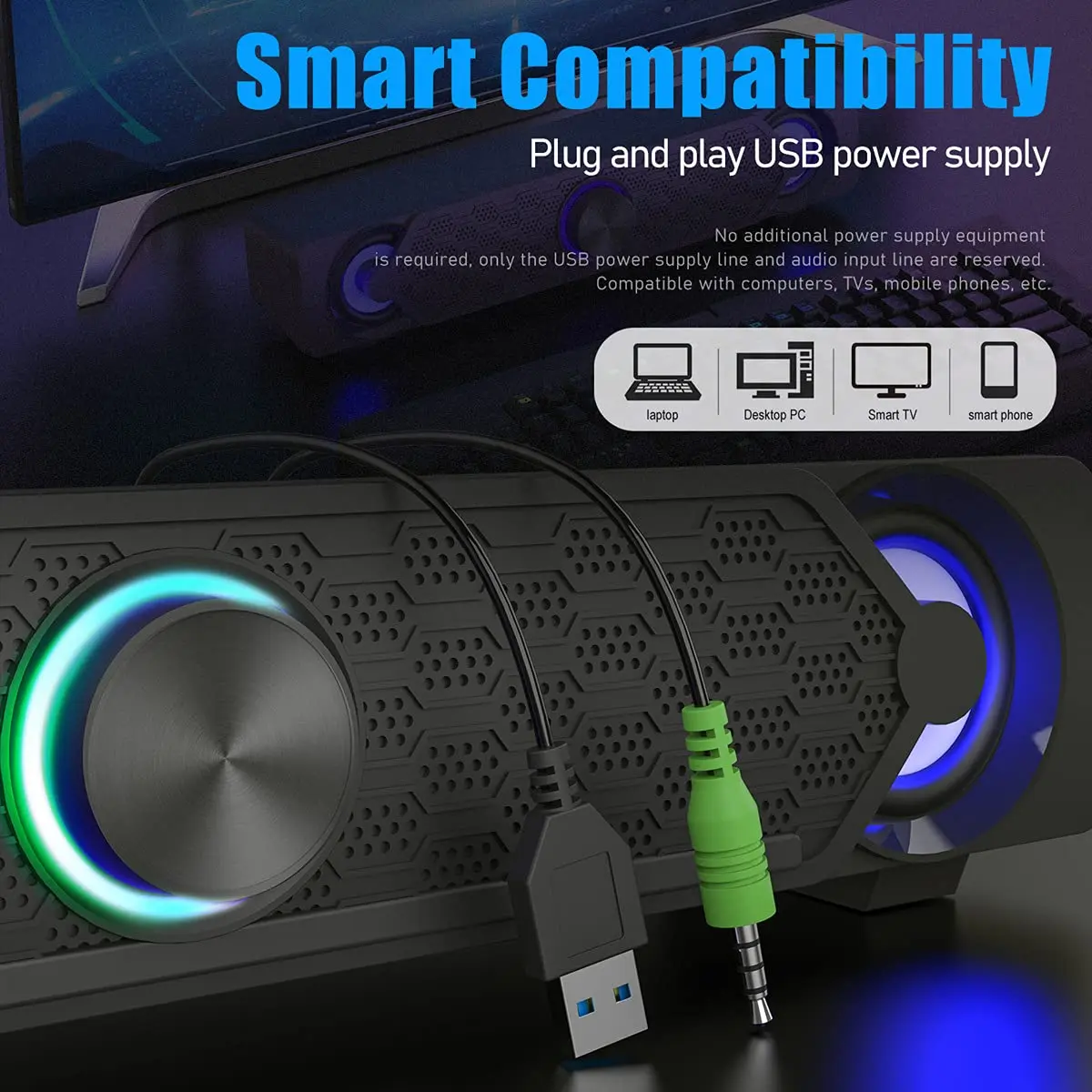 Smalody Mini Soundbar Computer Speakers | USB Powered Wired PC Speakers with Blue LED Lights - view 3
