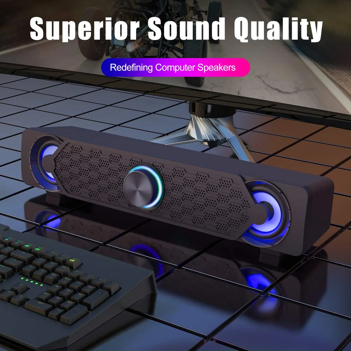 Smalody Mini Soundbar Computer Speakers | USB Powered Wired PC Speakers with Blue LED Lights - view 4