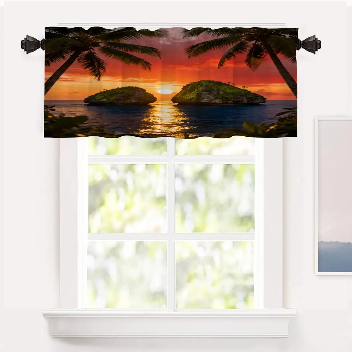 Shrahala Beautiful Sunrise Hawaii Kitchen Valances 52x18 inch | Beach Palms Sunset Window Decor - main product image