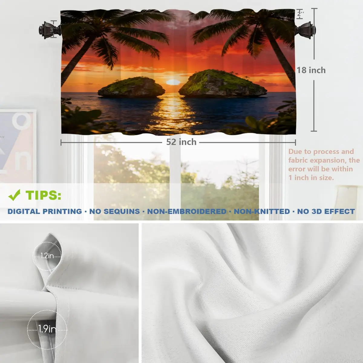 Shrahala Beautiful Sunrise Hawaii Kitchen Valances 52x18 inch | Beach Palms Sunset Window Decor - view 5