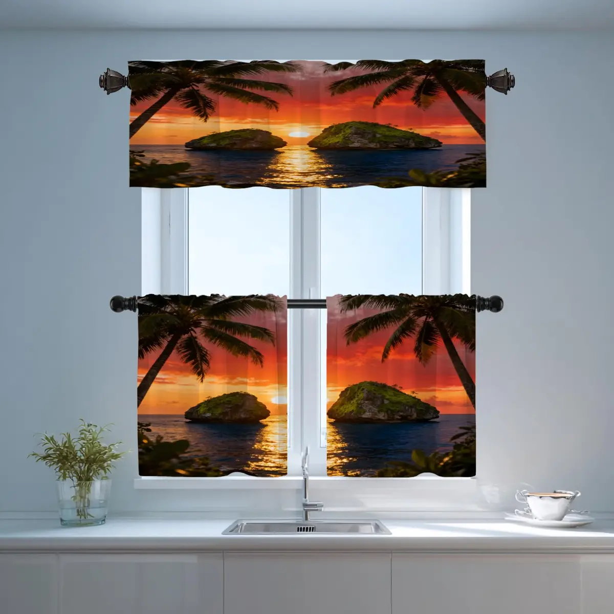 Shrahala Beautiful Sunrise Hawaii Kitchen Valances 52x18 inch | Beach Palms Sunset Window Decor - view 7