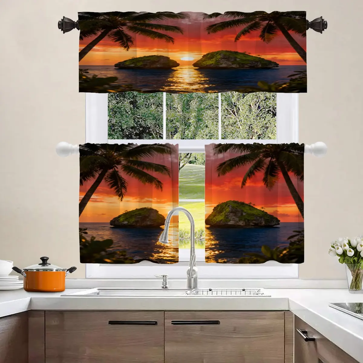 Shrahala Beautiful Sunrise Hawaii Kitchen Valances 52x18 inch | Beach Palms Sunset Window Decor - view 8