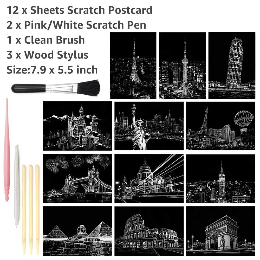 AP ARTSPER Rainbow Landscape Scratch Art Paper Set 7.9x5.5 Inch | 12 Sheets Postcard Cards & Drawing Pens - view 4