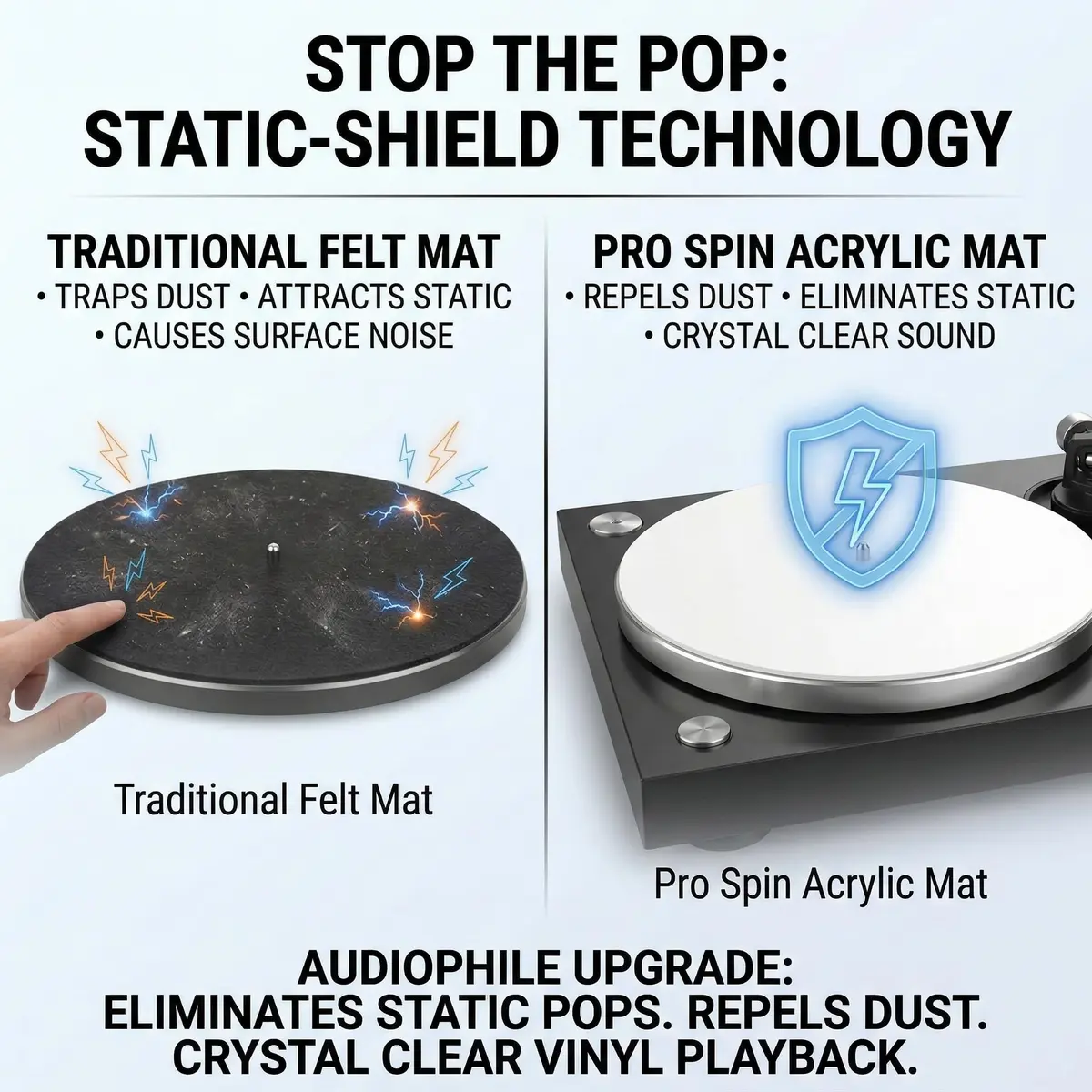 PRO SPIN White Acrylic Turntable Mat | 12" Vinyl Slipmat with Antistatic Cover, Tighter Bass, Dust & Static Noise Reduction - view 3