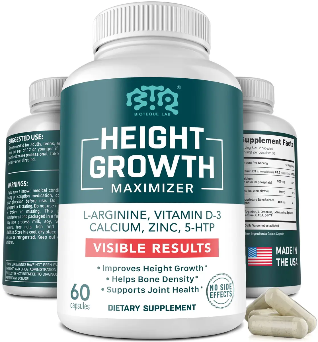 BTQ BIOTEQUE LAB Height Growth Maximizer, Calcium, Vitamin D3 & Zinc, 60 Caps | Bone & Height Support for Kids & Teens - main product image