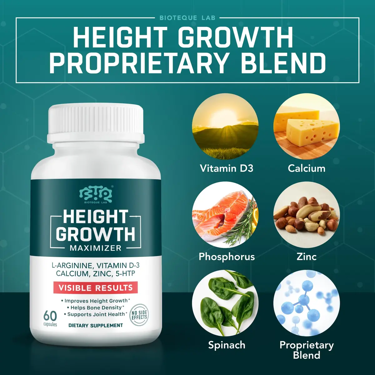 BTQ BIOTEQUE LAB Height Growth Maximizer, Calcium, Vitamin D3 & Zinc, 60 Caps | Bone & Height Support for Kids & Teens - view 8