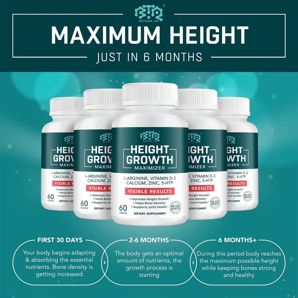 BTQ BIOTEQUE LAB Height Growth Maximizer, Calcium, Vitamin D3 & Zinc, 60 Caps | Bone & Height Support for Kids & Teens - view 4