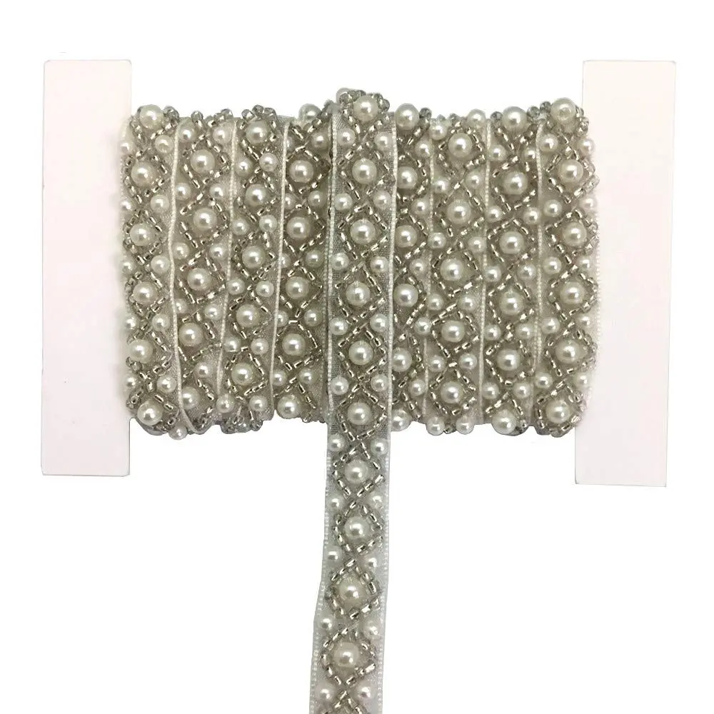 FQTANJU Crystal Rhinestone Applique Trim - 3 Yards, White Beaded Bridal Lace for Wedding Dresses, Gowns, Prom, Party & Formal Attire - view 2