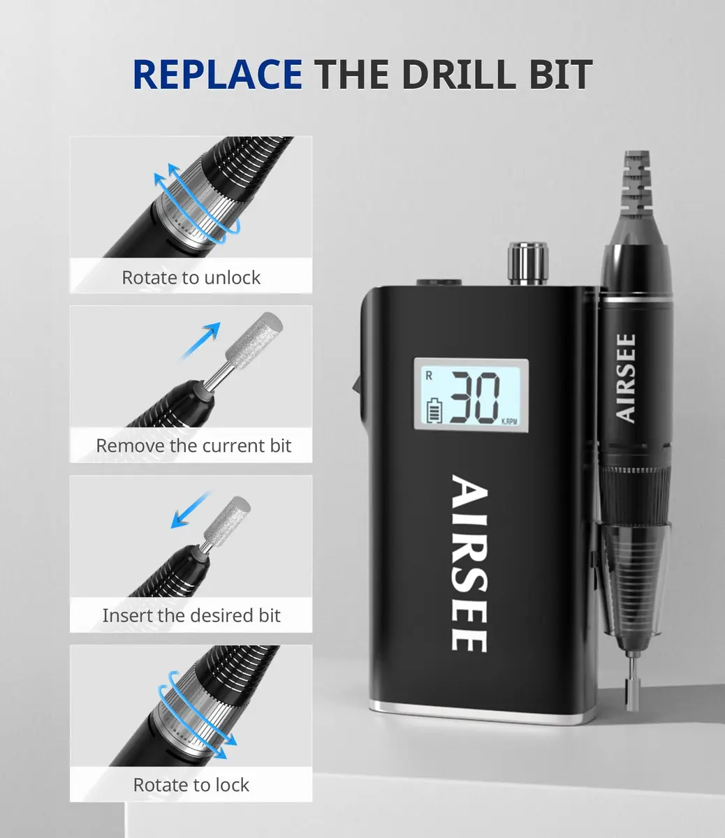 AIRSEE Rechargeable 30000RPM Electric Nail Drill E8 Black | Professional E File Machine, Cordless & Portable, High Speed for Acrylic Nail Natural Extension Gel Nails Polish Cuticle - view 6