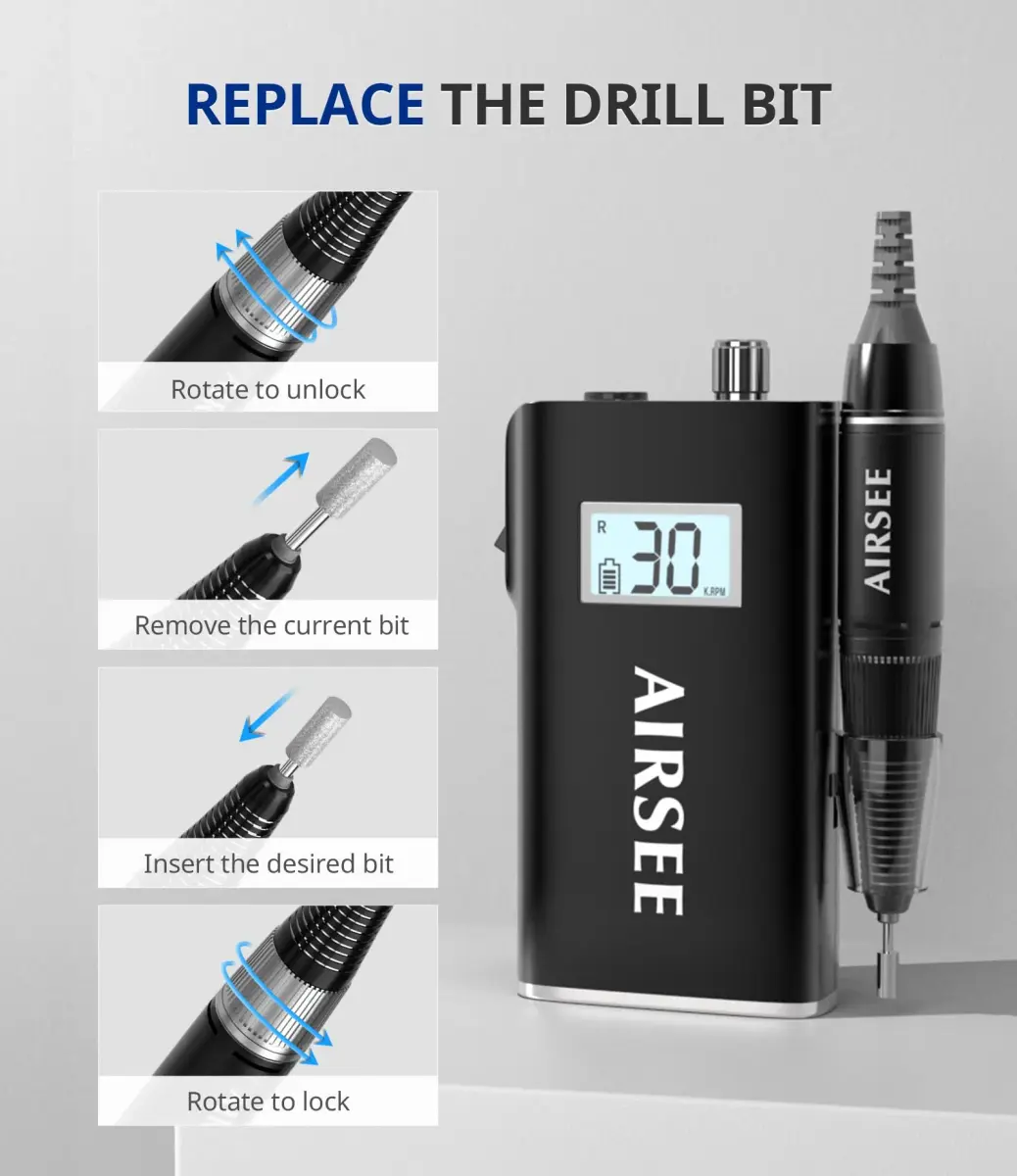 AIRSEE Rechargeable Electric Nail Drill 30000RPM E8 Black | Professional Portable E File Machine for Acrylic & Gel Nails - view 6