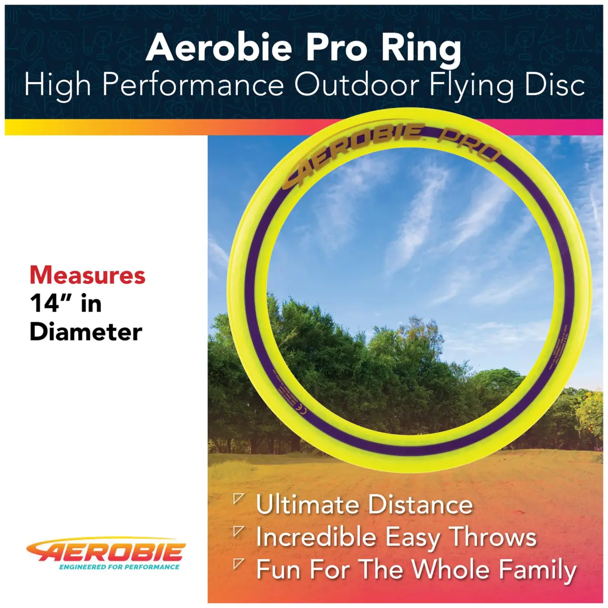 Aerobie Pro Ring Flying Disc 14 inch Yellow | World Record Distance Outdoor Toy - view 2