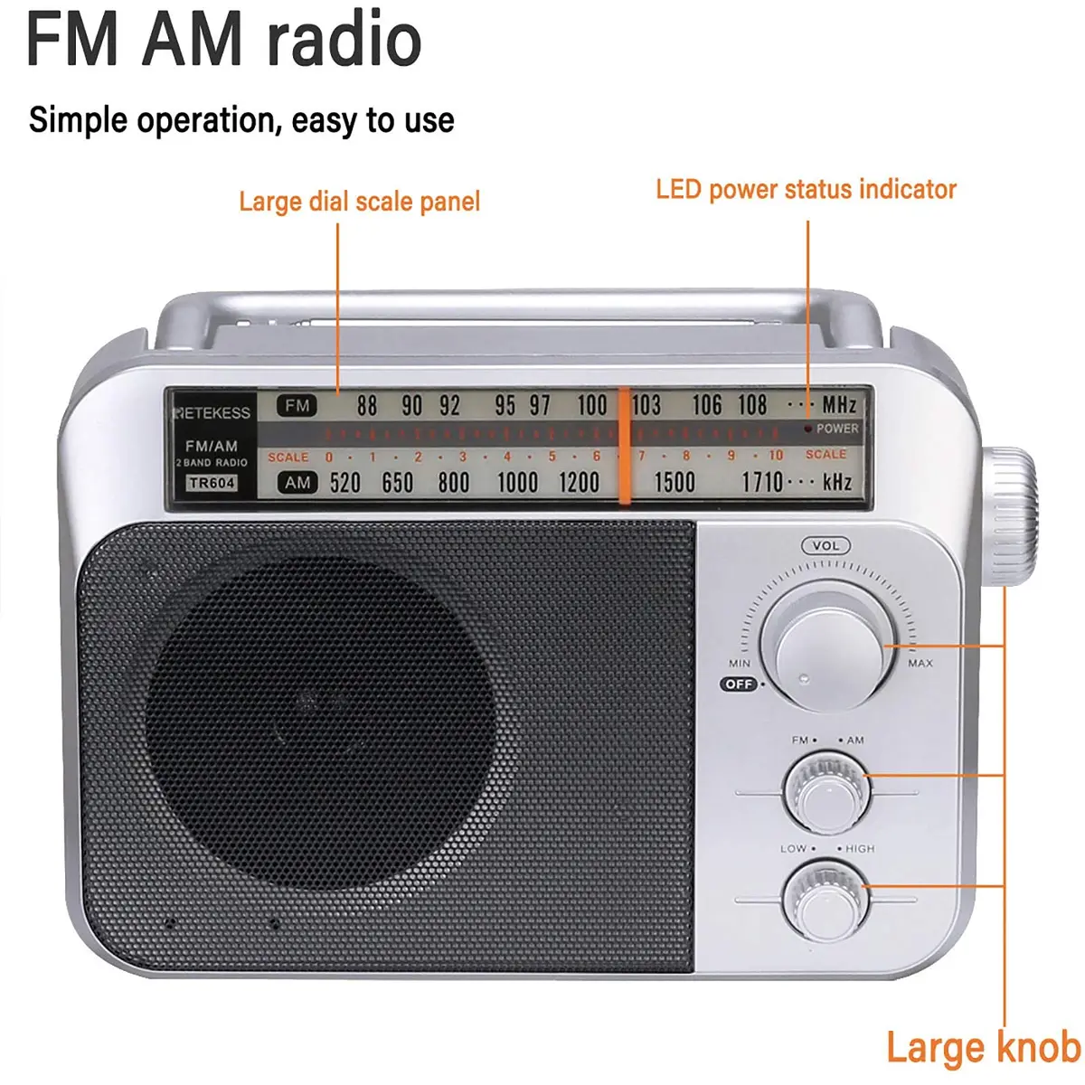 Retekess TR604 AM FM Portable Radio | Silver, 220x145x62mm (8.66x5.71x2.44in) - view 7