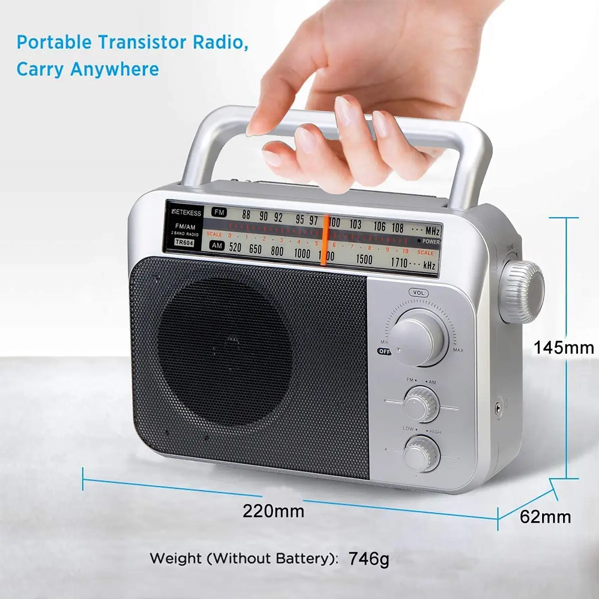 Retekess TR604 AM FM Portable Radio | Silver, 220x145x62mm (8.66x5.71x2.44in) - view 4