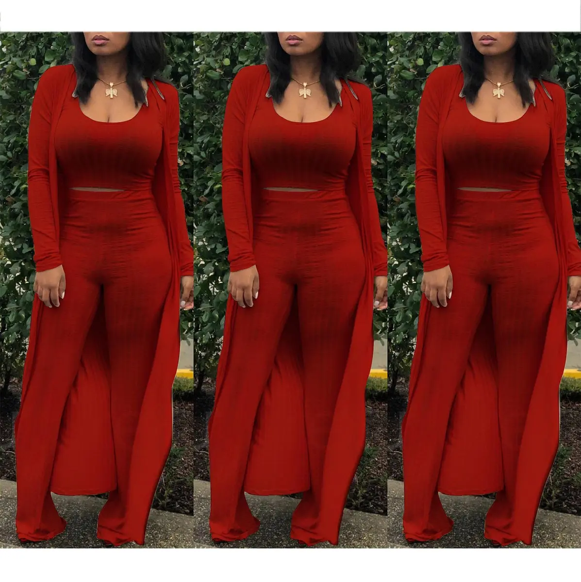 HANMAX Women's Tracksuit Winter Autumn Knitted Long-sleeved Blazer Coat Tank Long Pants 3-Piece Set Wine Red | Elastic, Cotton-Spandex Blend - view 5