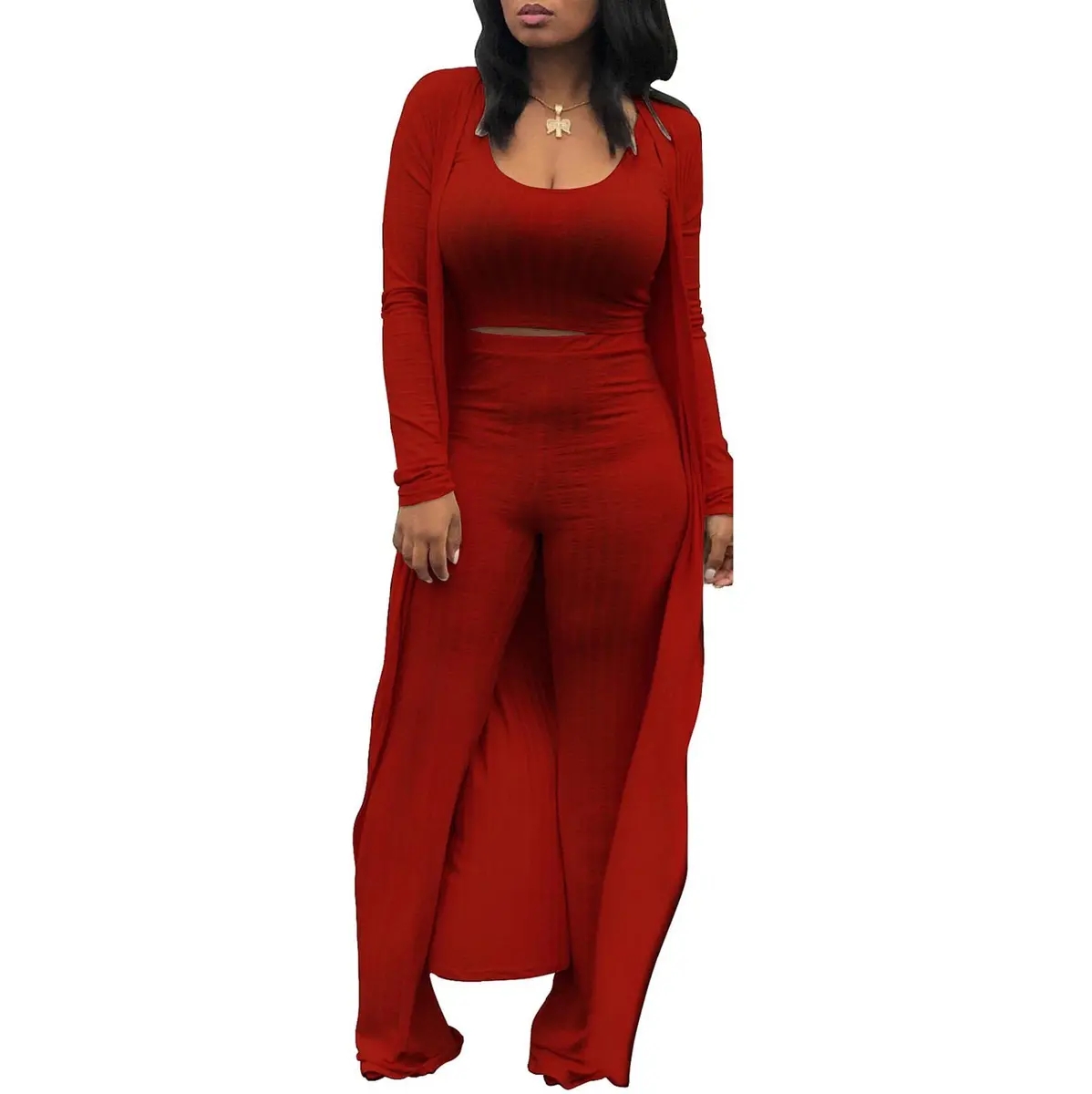 HANMAX Women's Tracksuit Winter Autumn Knitted Long-sleeved Blazer Coat Tank Long Pants 3-Piece Set Wine Red | Elastic, Cotton-Spandex Blend - view 2