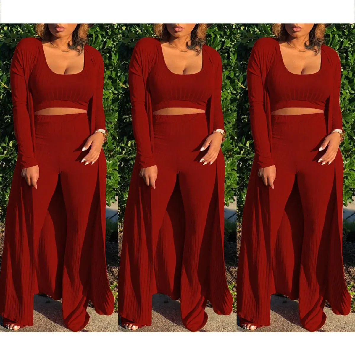 HANMAX Women's Tracksuit Winter Autumn Knitted Long-sleeved Blazer Coat Tank Long Pants 3-Piece Set Wine Red | Elastic, Cotton-Spandex Blend - view 4