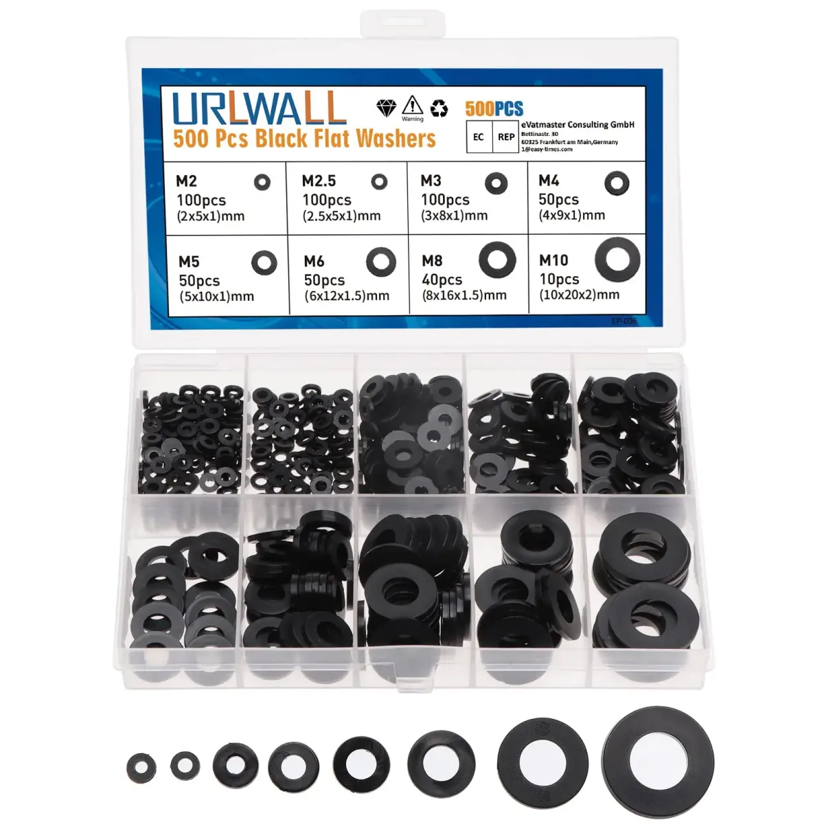 URLWALL Black 500Pcs Nylon Flat Washer Assortment Set M2-M10 | Metric Sealing Spacer Gasket Ring Kit - main product image