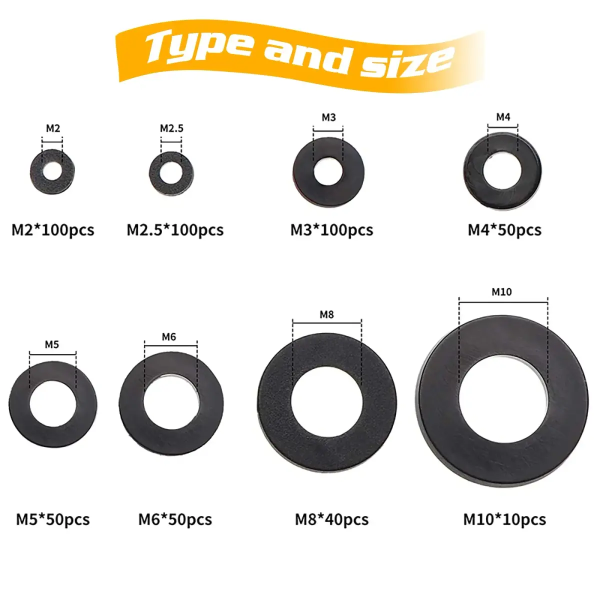 URLWALL Black 500Pcs Nylon Flat Washer Assortment Set M2-M10 | Metric Sealing Spacer Gasket Ring Kit - view 2