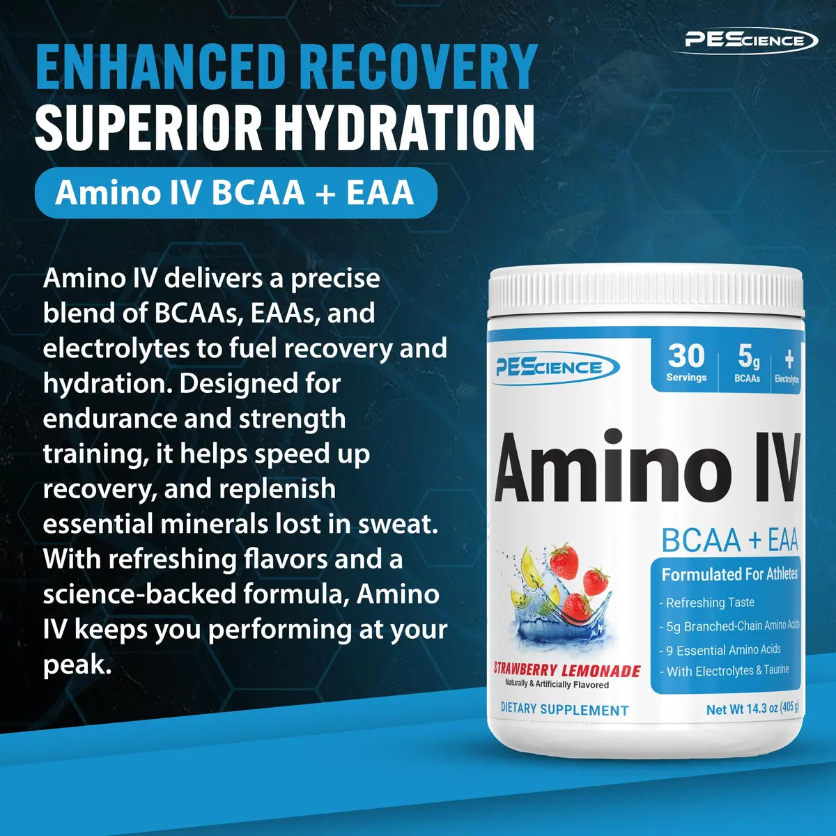 PEScience Amino IV BCAA & EAA Powder, Strawberry Lemonade | 30 Servings, Vegan, Gluten-Free, Hydration Support - view 5