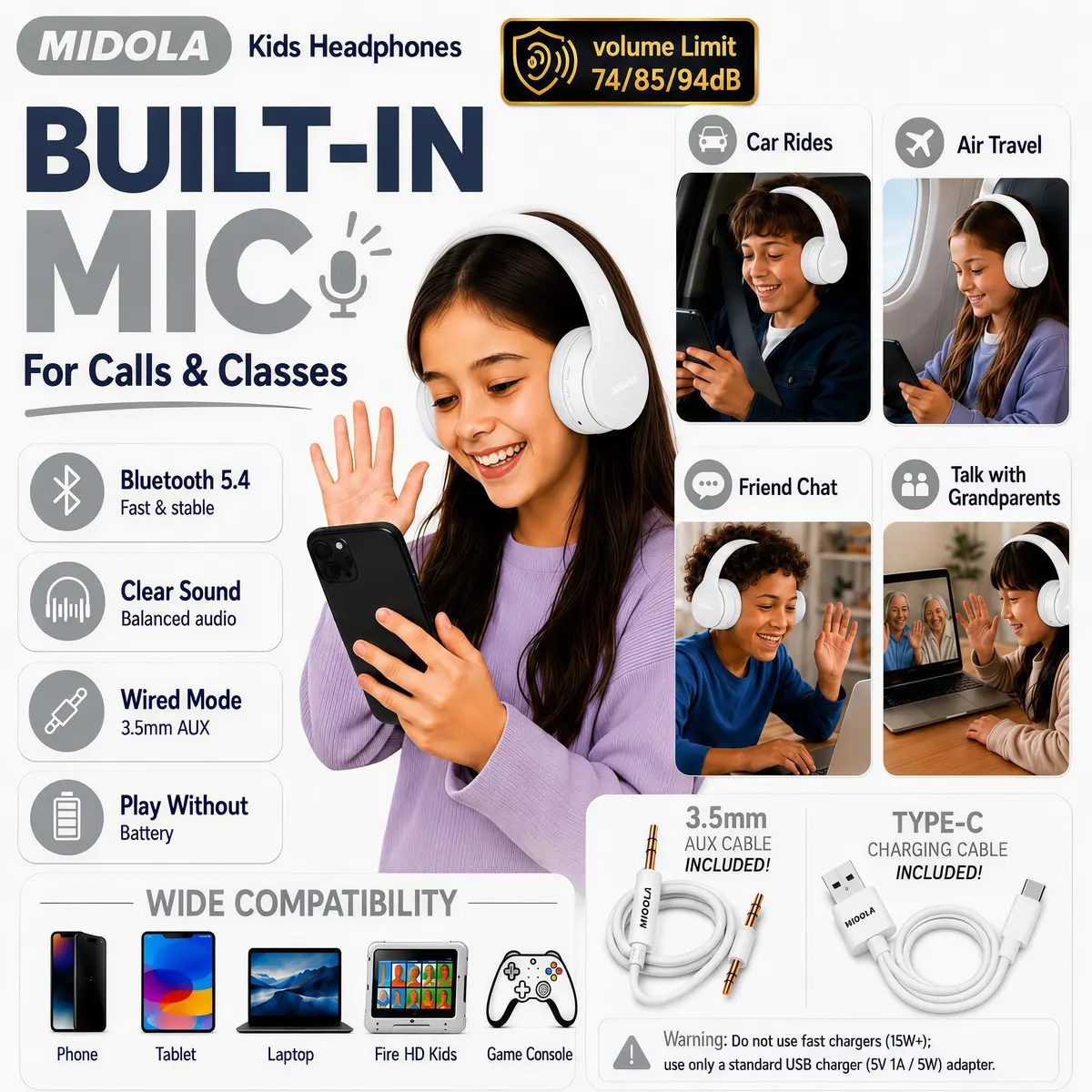 MIDOLA Kids Bluetooth Headphones Wireless Over-Ear | 68Hrs, Volume Limit 85/94dB, Collapsible & Comfortable - view 6