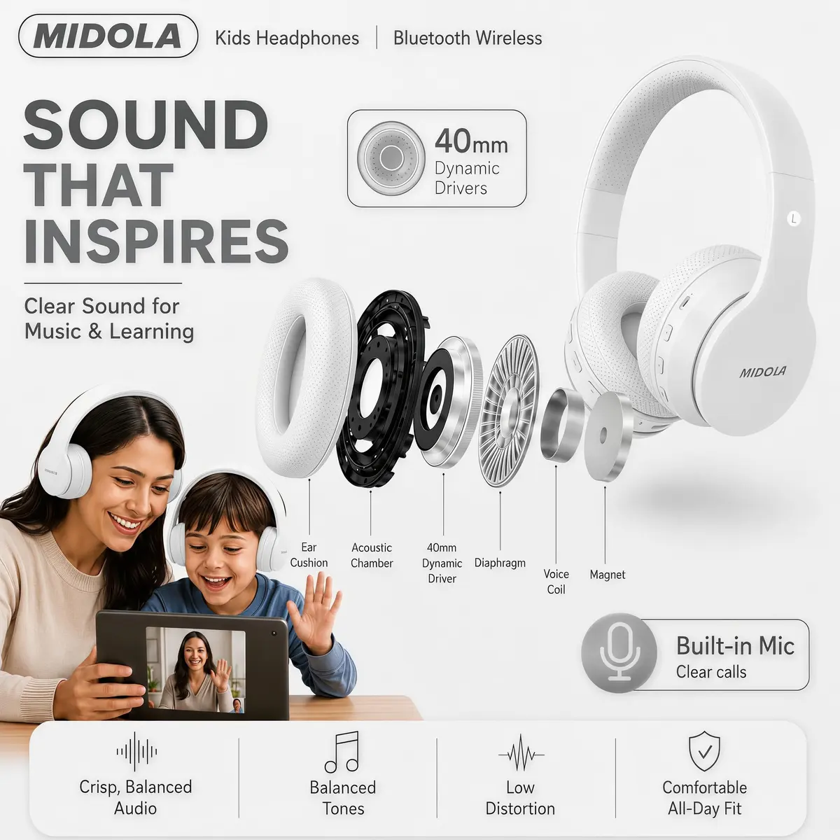 MIDOLA Kids Bluetooth Headphones Wireless Over-Ear | 68Hrs, Volume Limit 85/94dB, Collapsible & Comfortable - view 7