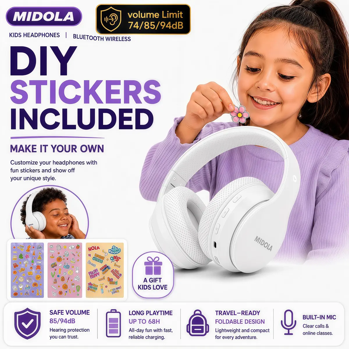 MIDOLA Kids Bluetooth Headphones Wireless Over-Ear | 68Hrs, Volume Limit 85/94dB, Collapsible & Comfortable - view 8