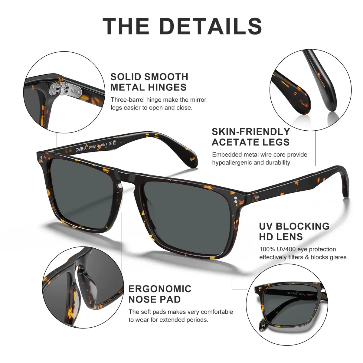 CARFIA Retro Square Polarized Sunglasses for Men CA53572 | 54mm Lens Width, 145mm Arm Length - view 5