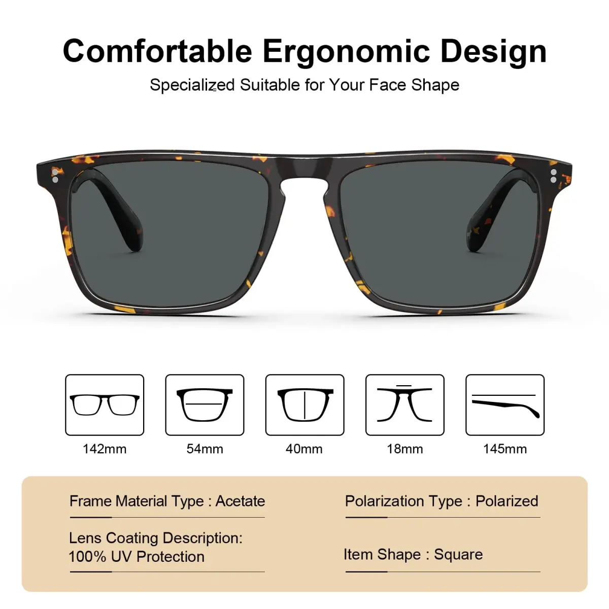 CARFIA Retro Square Polarized Sunglasses for Men CA53572 | 54mm Lens Width, 145mm Arm Length - view 4