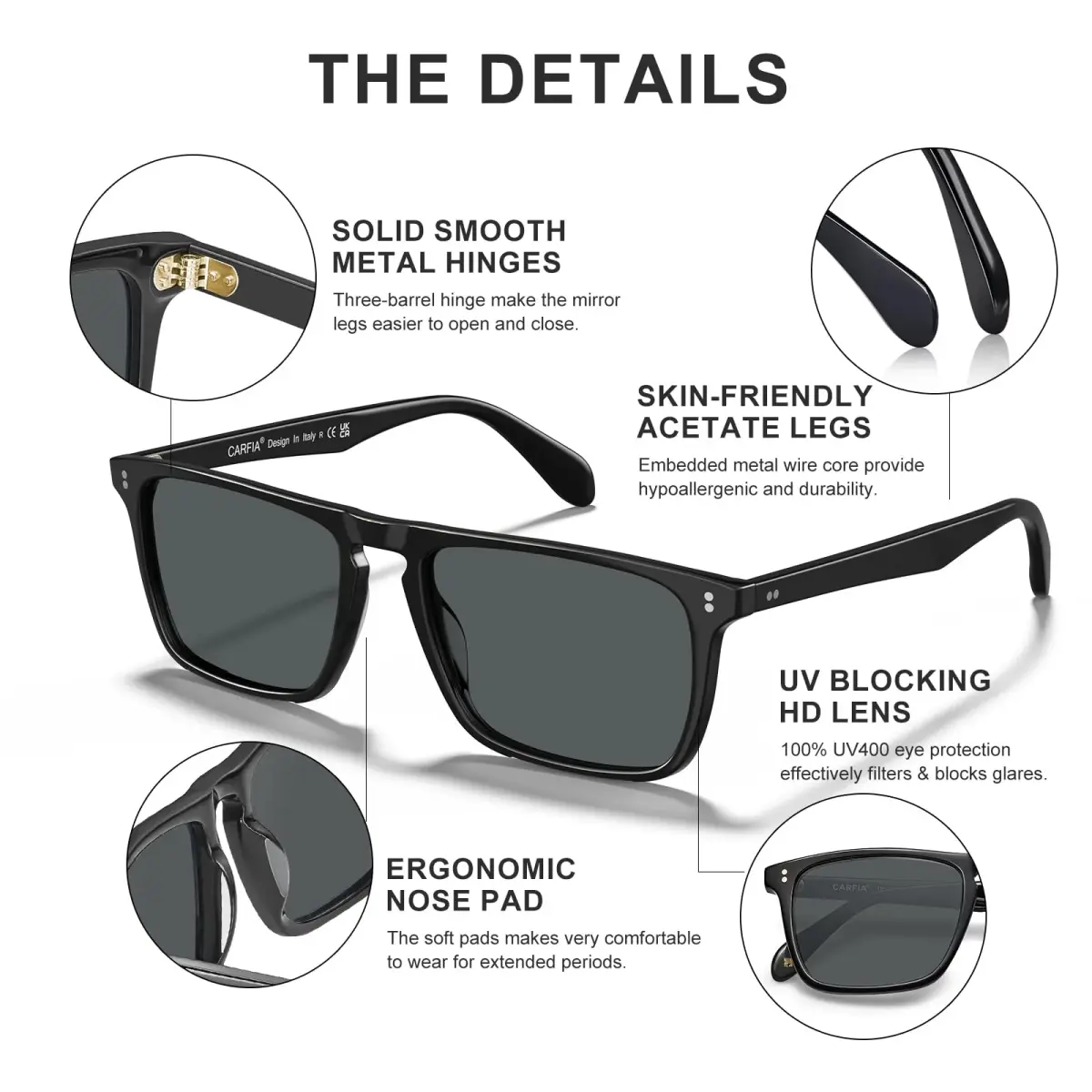 CARFIA Retro Square Polarized Sunglasses for Men UV Protection CA53572 | 54mm Lens Width, 18mm Bridge Width - view 5