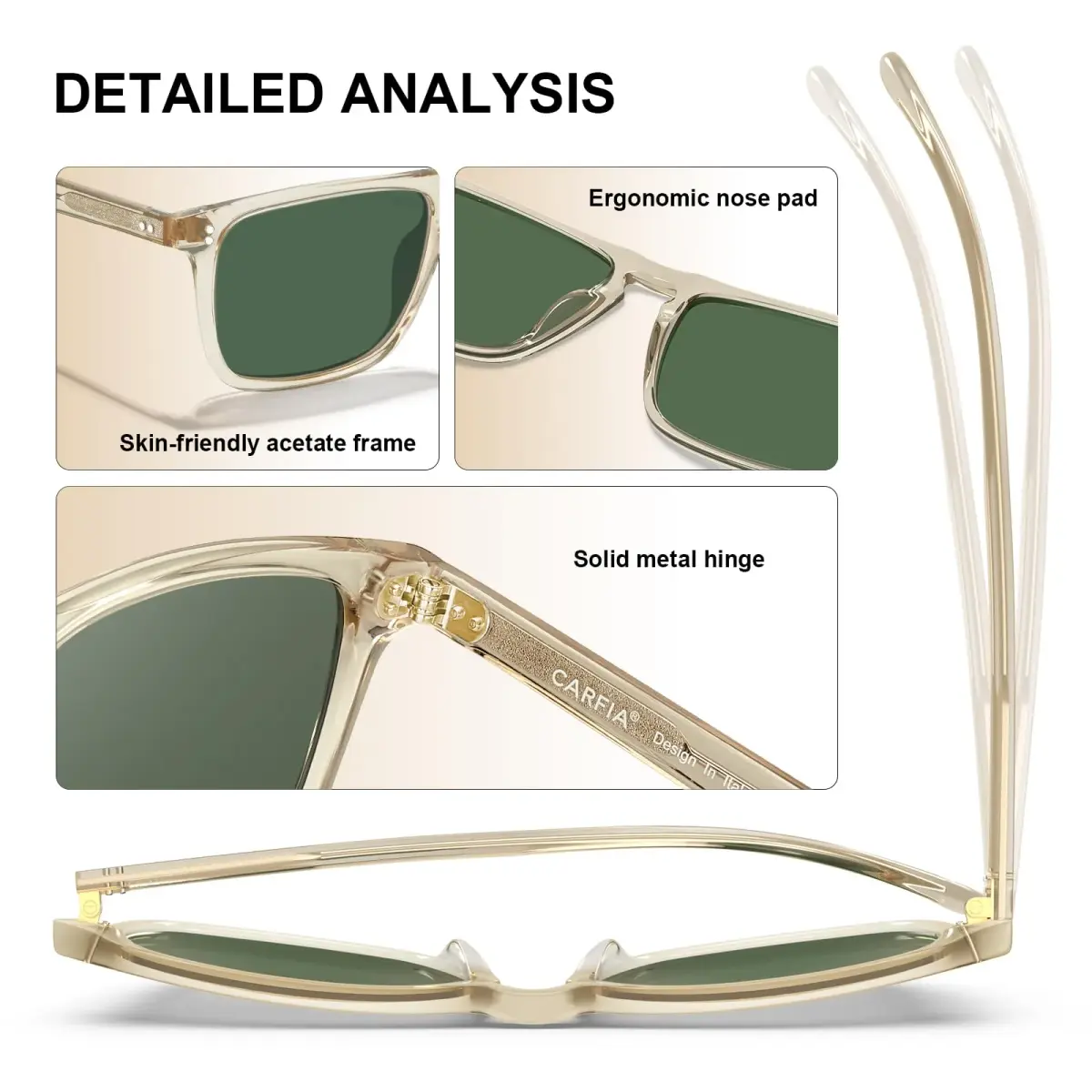 CARFIA Retro Square Polarized Sunglasses for Men UV Protection CA53572 | Polarized Lenses, Acetate Frame, 145mm Arm - view 8