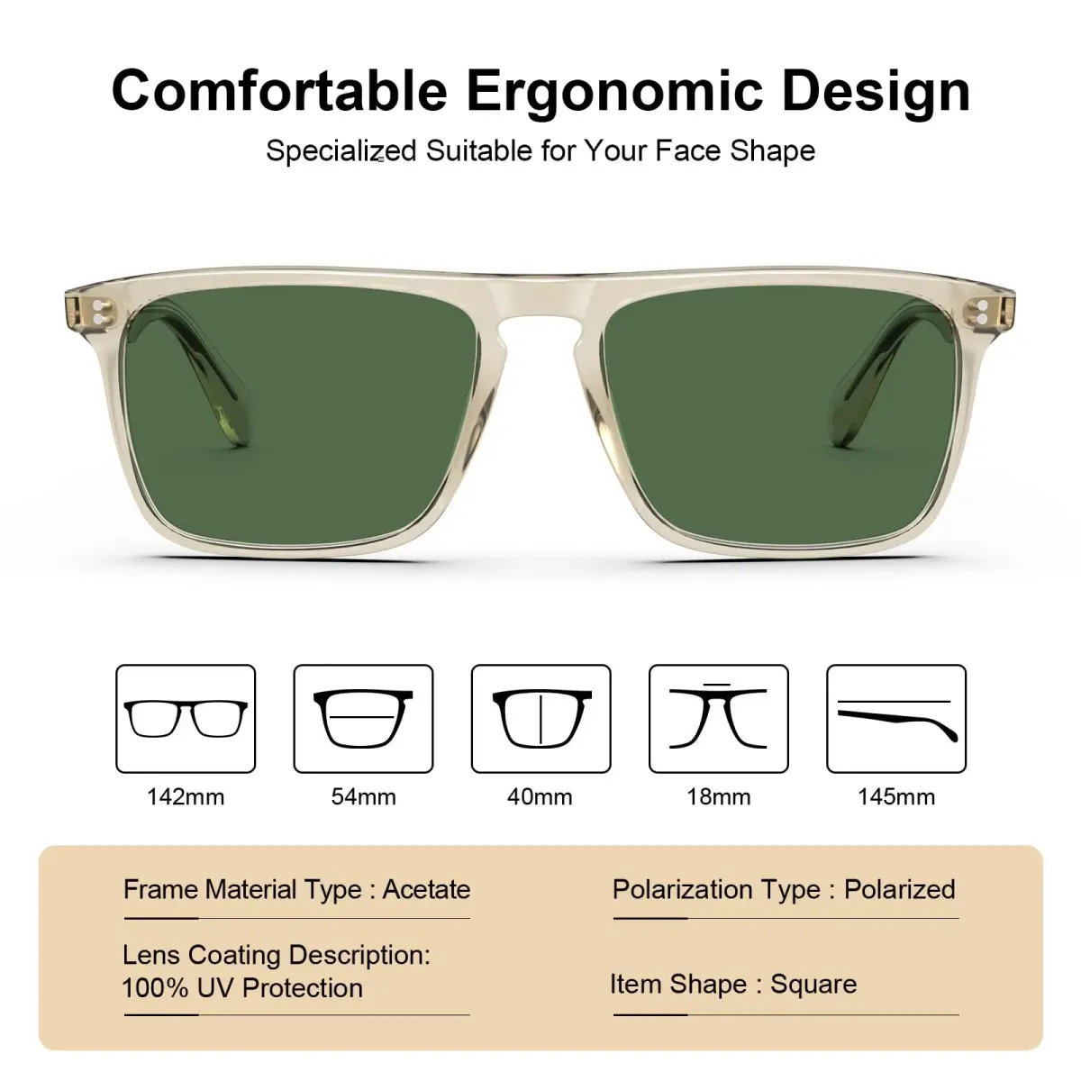 CARFIA Retro Square Polarized Sunglasses for Men UV Protection CA53572 | Polarized Lenses, Acetate Frame, 145mm Arm - view 4