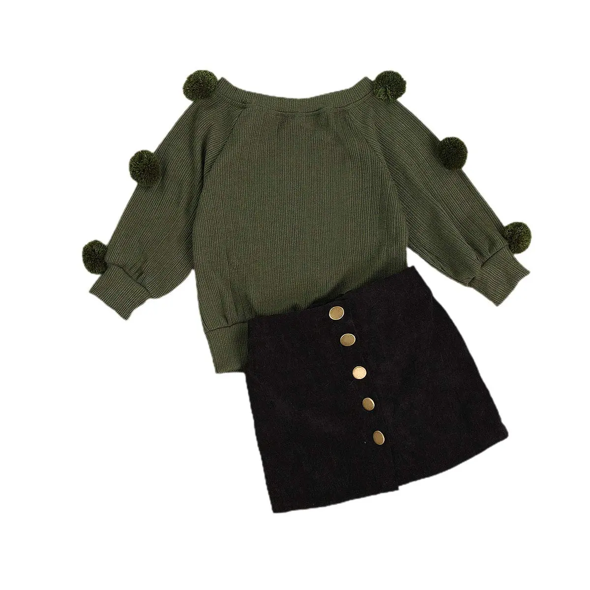 RSRZRCJ Kids Toddler Baby Girl Fall Winter Outfit Long Sleeve Pompom Knitted Shirt Sweater Top Button Skirt 2PCS Set (Army Green, 4-5 Years) | Cozy & Stylish - main product image