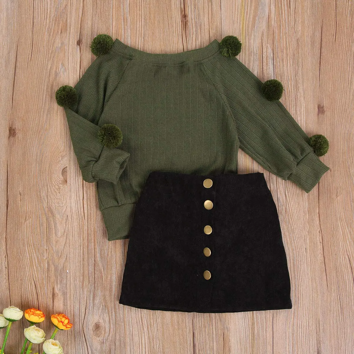 RSRZRCJ Kids Toddler Baby Girl Fall Winter Outfit Long Sleeve Pompom Knitted Shirt Sweater Top Button Skirt 2PCS Set (Army Green, 4-5 Years) | Cozy & Stylish - view 2