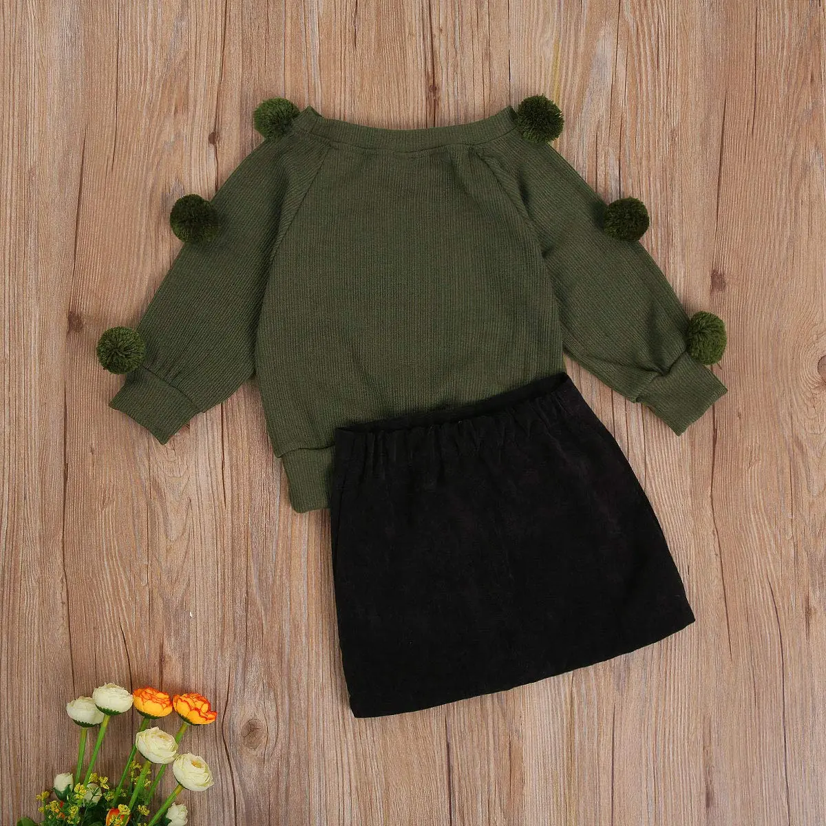 RSRZRCJ Kids Toddler Baby Girl Fall Winter Outfit Long Sleeve Pompom Knitted Shirt Sweater Top Button Skirt 2PCS Set (Army Green, 4-5 Years) | Cozy & Stylish - view 3