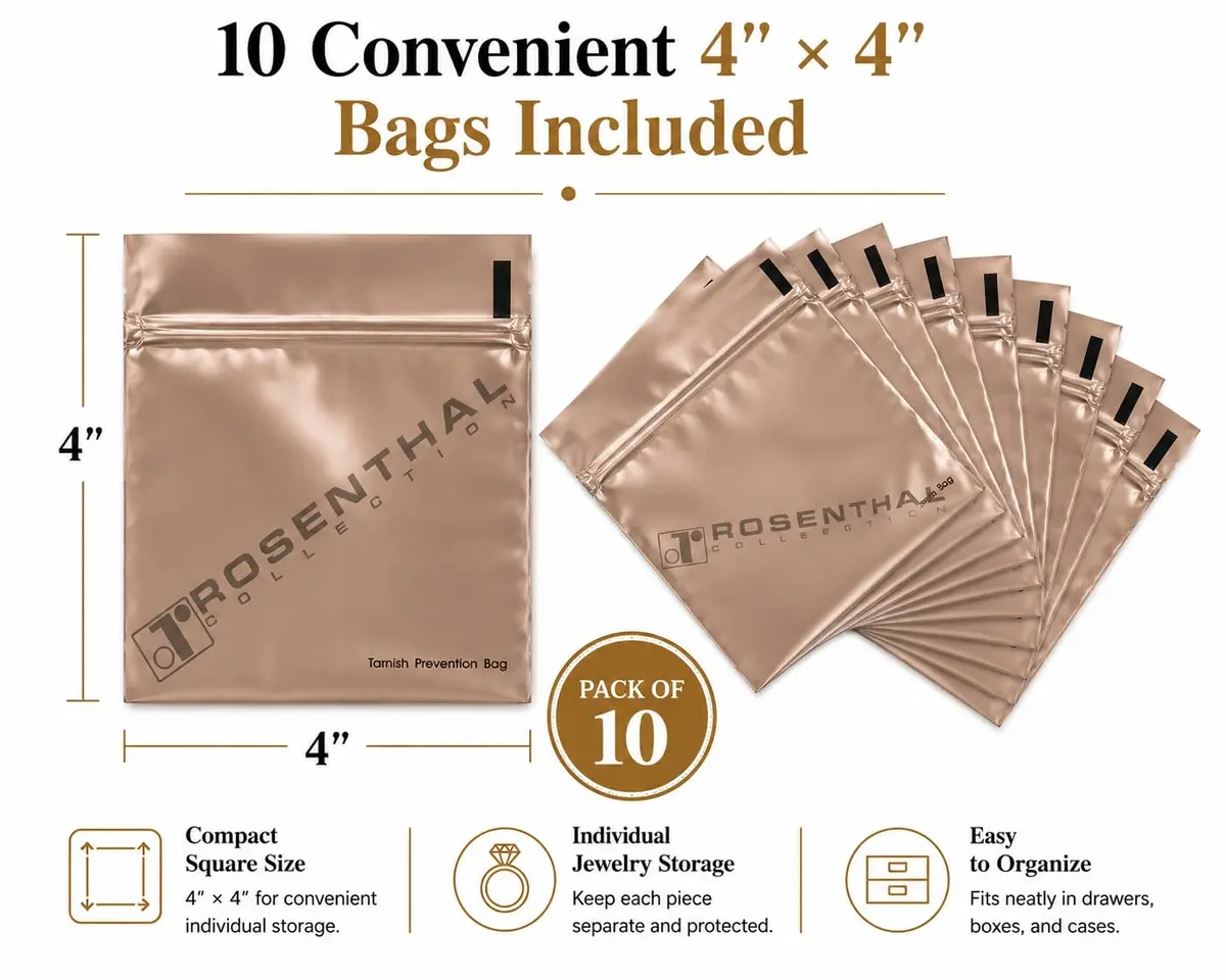 Rosenthal Collection Anti Tarnish Jewelry Bags 4" x 4" (10-Pack) | Protects Silver from Tarnish for 3 Years - view 2