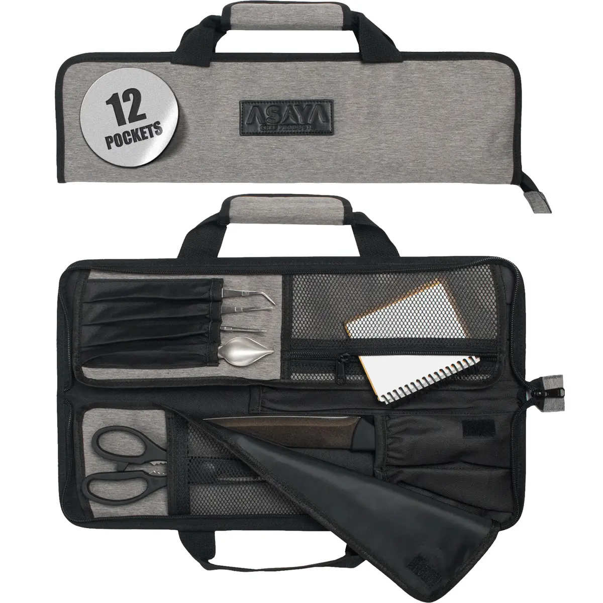 Asaya Chef Knife Roll Bag - 12-Pocket Travel Case for Kitchen Knives, Lightweight Stain-Resistant Nylon, Grey - main product image
