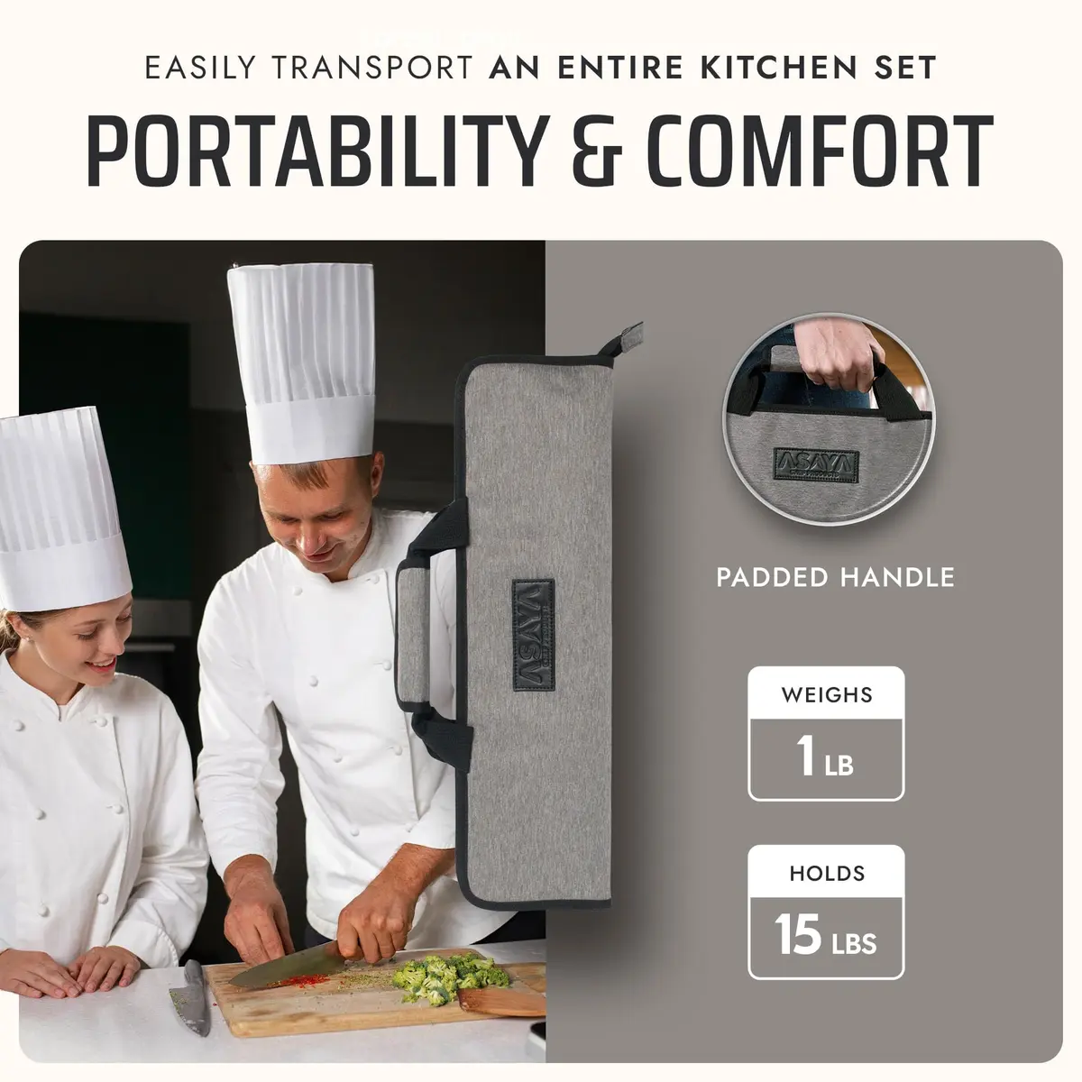Asaya Chef Knife Roll Bag - 12-Pocket Travel Case for Kitchen Knives, Lightweight Stain-Resistant Nylon, Grey - view 5