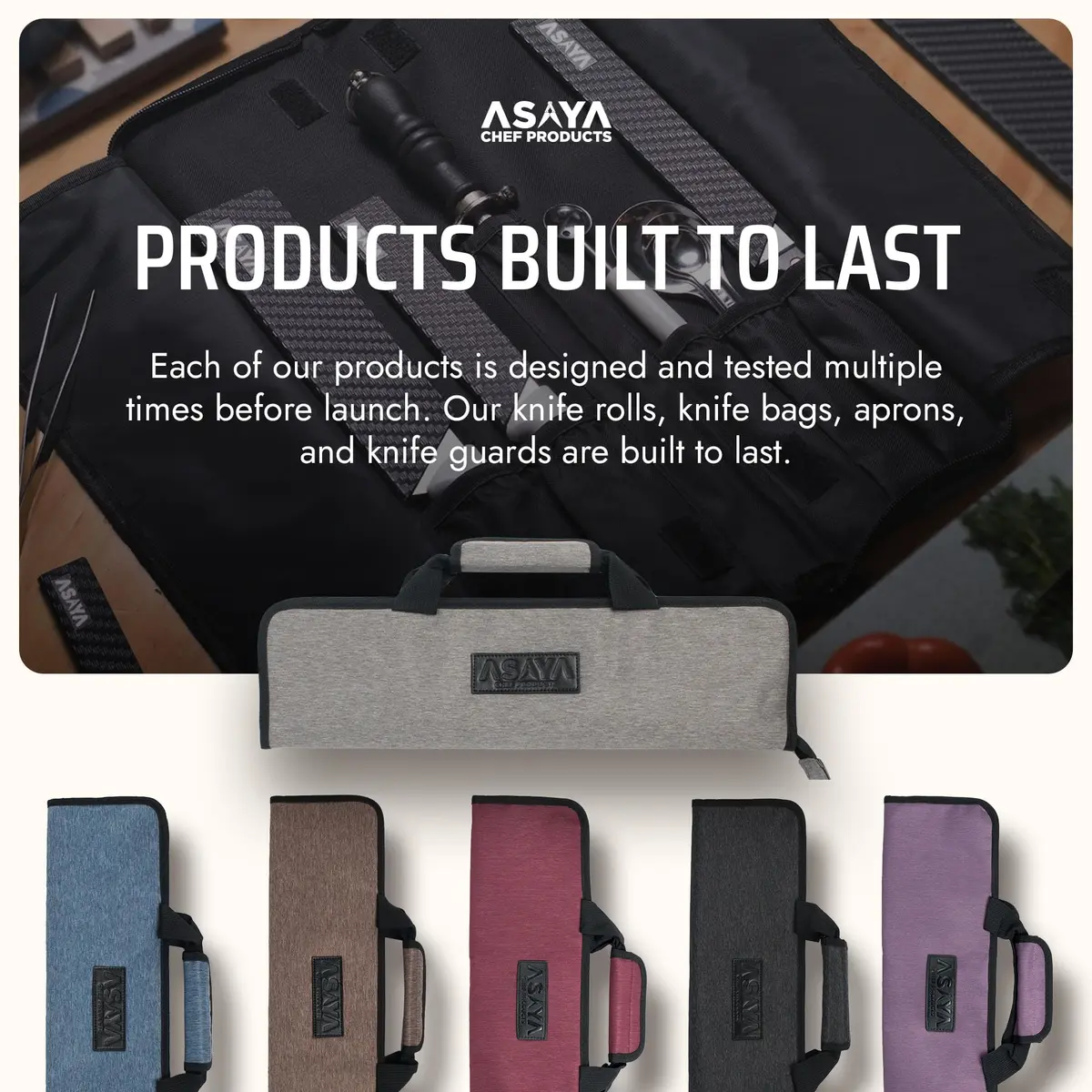 Asaya Chef Knife Roll Bag - 12-Pocket Travel Case for Kitchen Knives, Lightweight Stain-Resistant Nylon, Grey - view 7