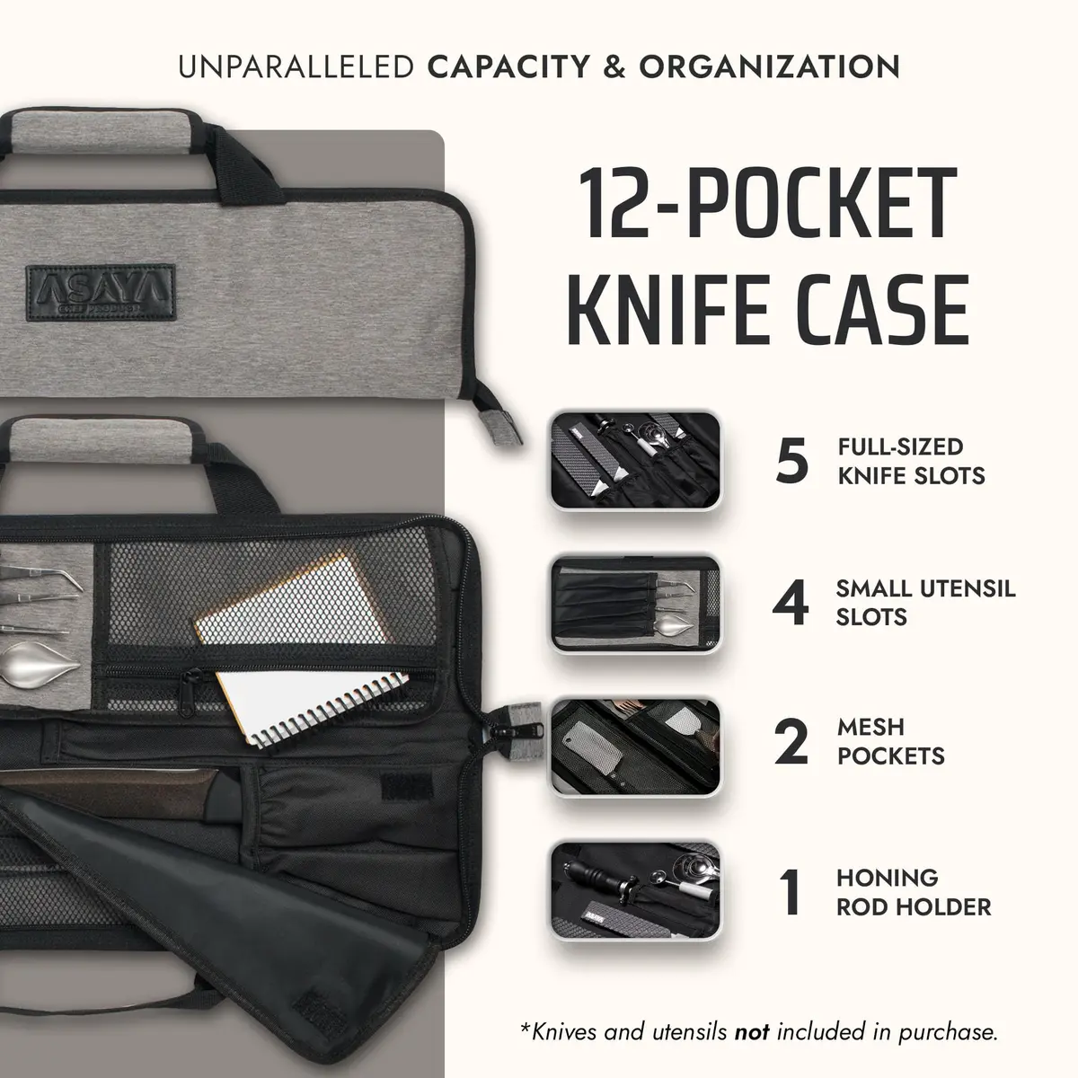 Asaya Chef Knife Roll Bag - 12-Pocket Travel Case for Kitchen Knives, Lightweight Stain-Resistant Nylon, Grey - view 2