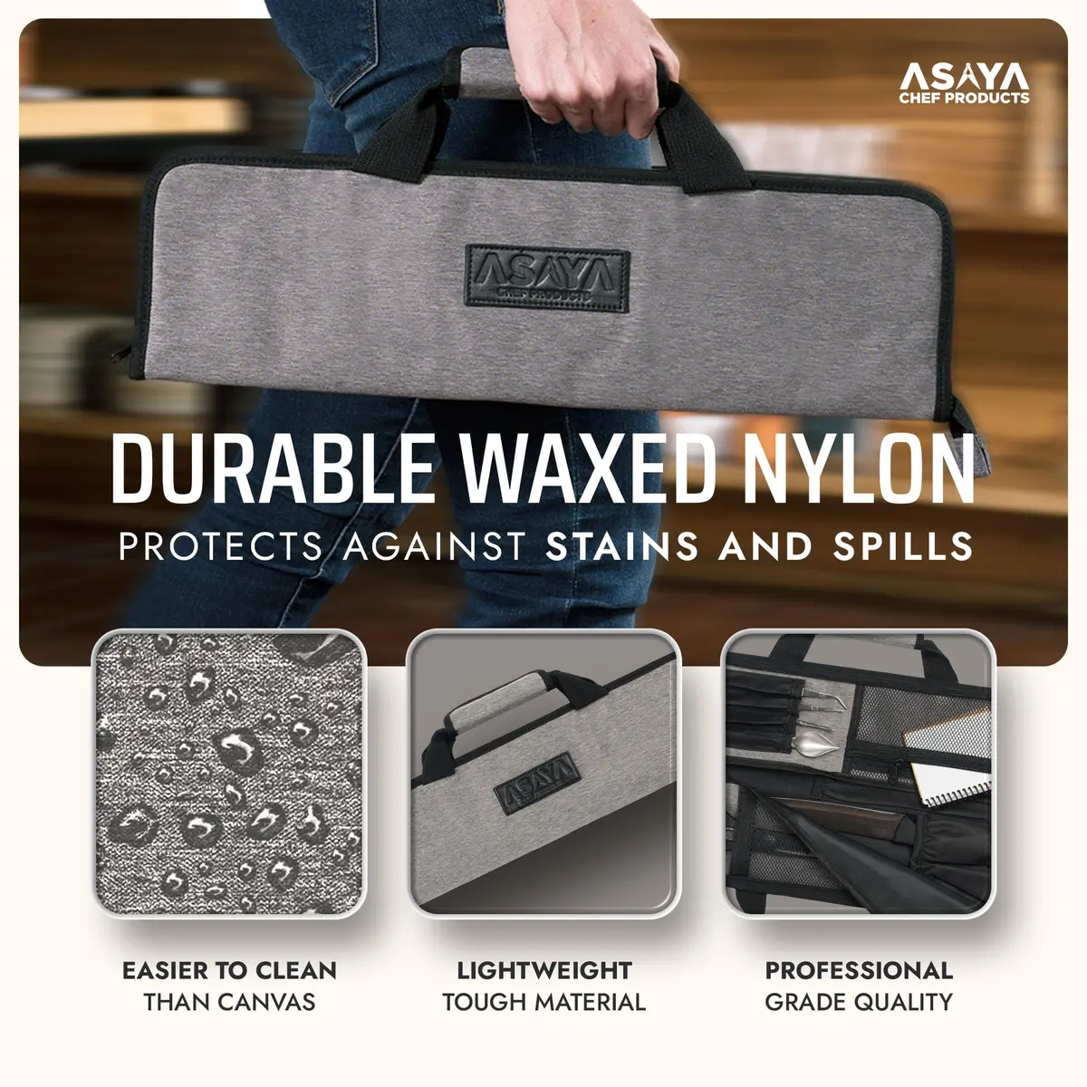 Asaya Chef Knife Roll Bag - 12-Pocket Travel Case for Kitchen Knives, Lightweight Stain-Resistant Nylon, Grey - view 3