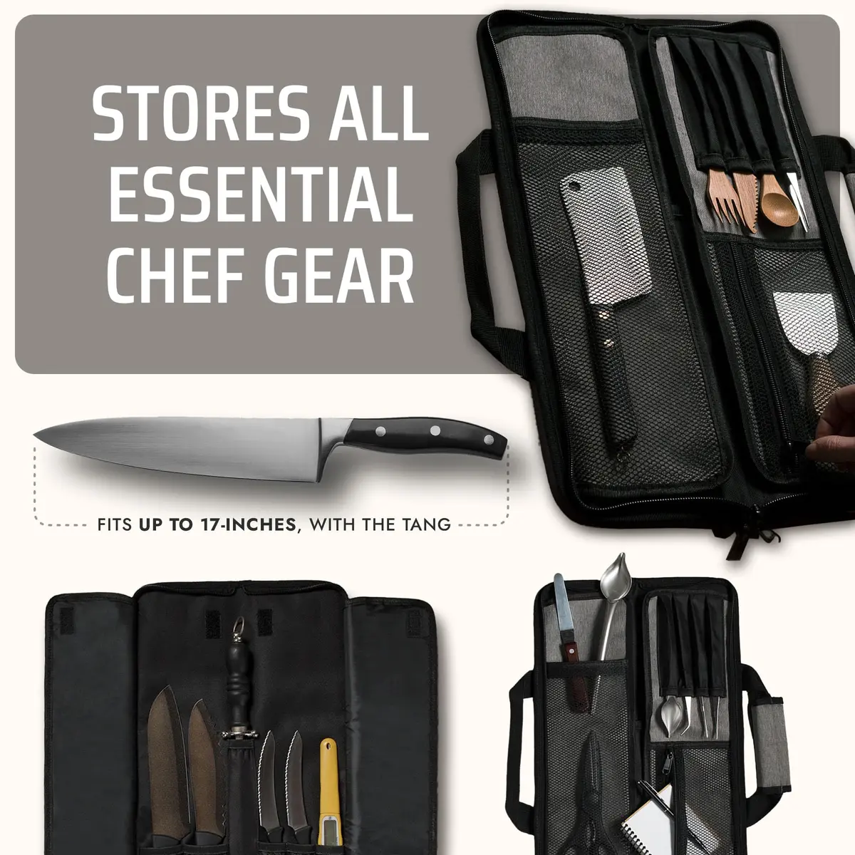 Asaya Chef Knife Roll Bag - 12-Pocket Travel Case for Kitchen Knives, Lightweight Stain-Resistant Nylon, Grey - view 4