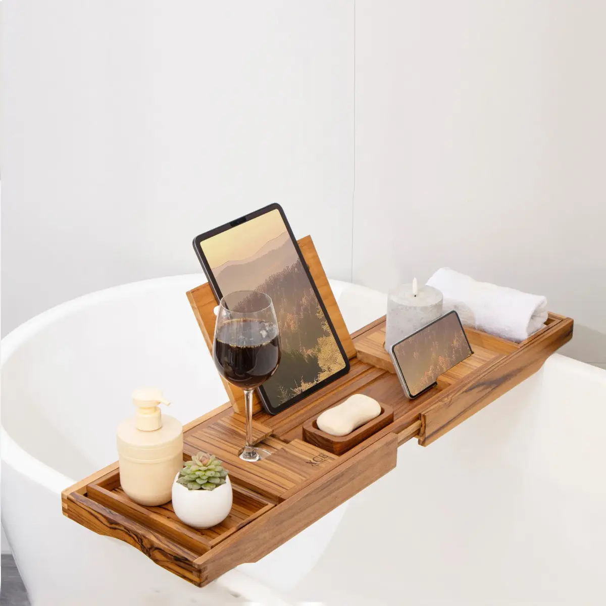 XcE Expandable Bamboo Bathtub Caddy Tray with Book Stand & Soap Holder, Natural 75cm (29.5") | Luxury Spa Experience for Couples - view 6