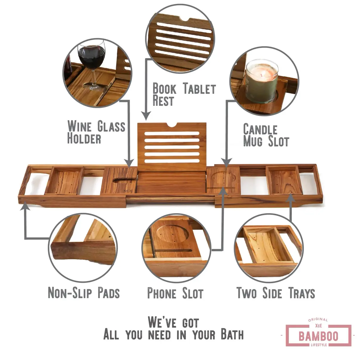 XcE Expandable Bamboo Bathtub Caddy Tray with Book Stand & Soap Holder, Natural 75cm (29.5") | Luxury Spa Experience for Couples - view 3