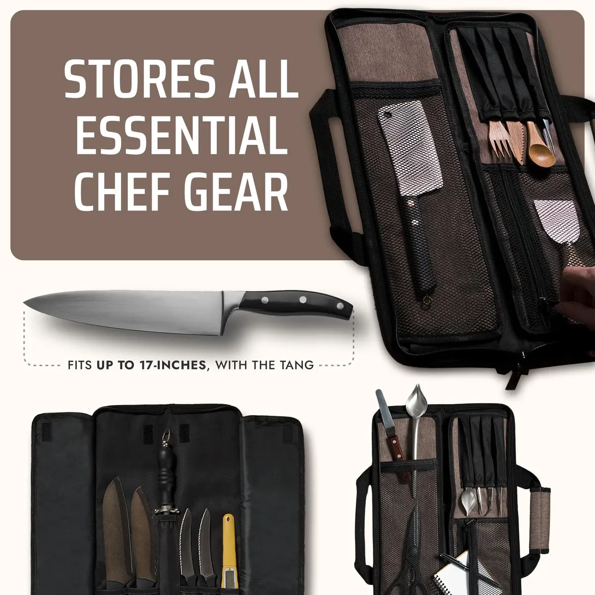 Asaya Chef Knife Roll Bag - 12-Pocket Travel Case for Kitchen Knives, Lightweight Stain-Resistant Nylon (Brown) | Secure & Portable - view 4